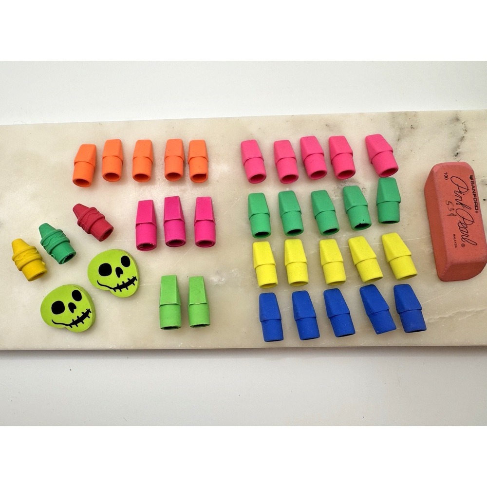 Pencil Top Erasers Lot Teacher Reward Box Novelty Skull Crayon Erasers Pink Pear